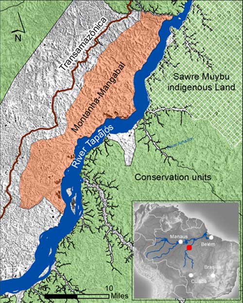 A map of the Montanha-Mangabal riverside community. The Sawre Muybu indigenous land on the opposite of the river is claimed by the Munduruku. 