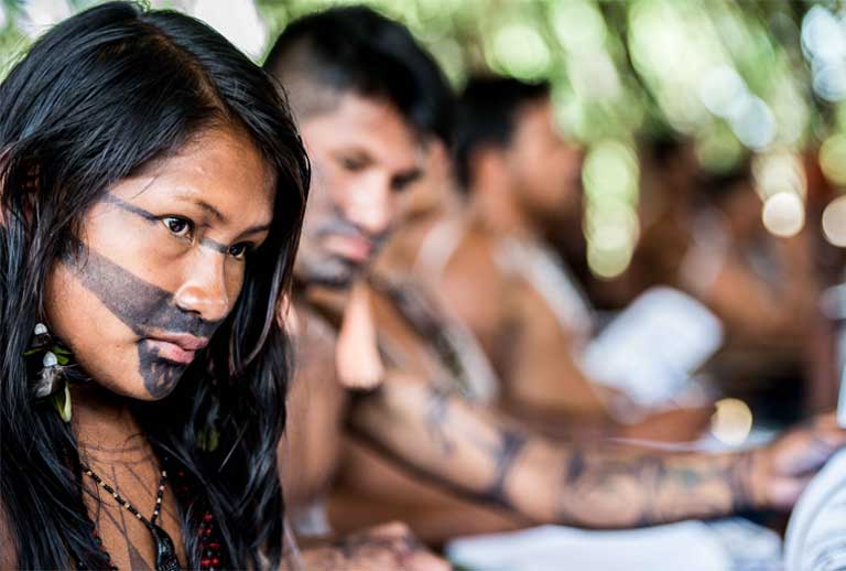 A Munduruku indigenous woman. The Munduruku are historically known for their fierceness, and they have taken a strong position in opposition to what they see as gross injustices committed in connection with the construction of dams on the Teles Pires River. 